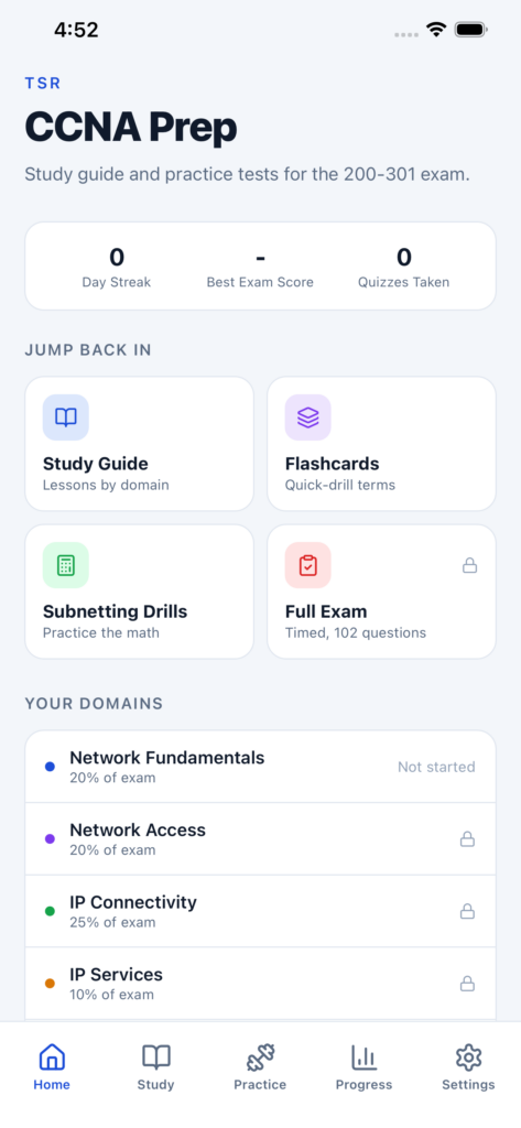TSR CCNA Prep app home screen