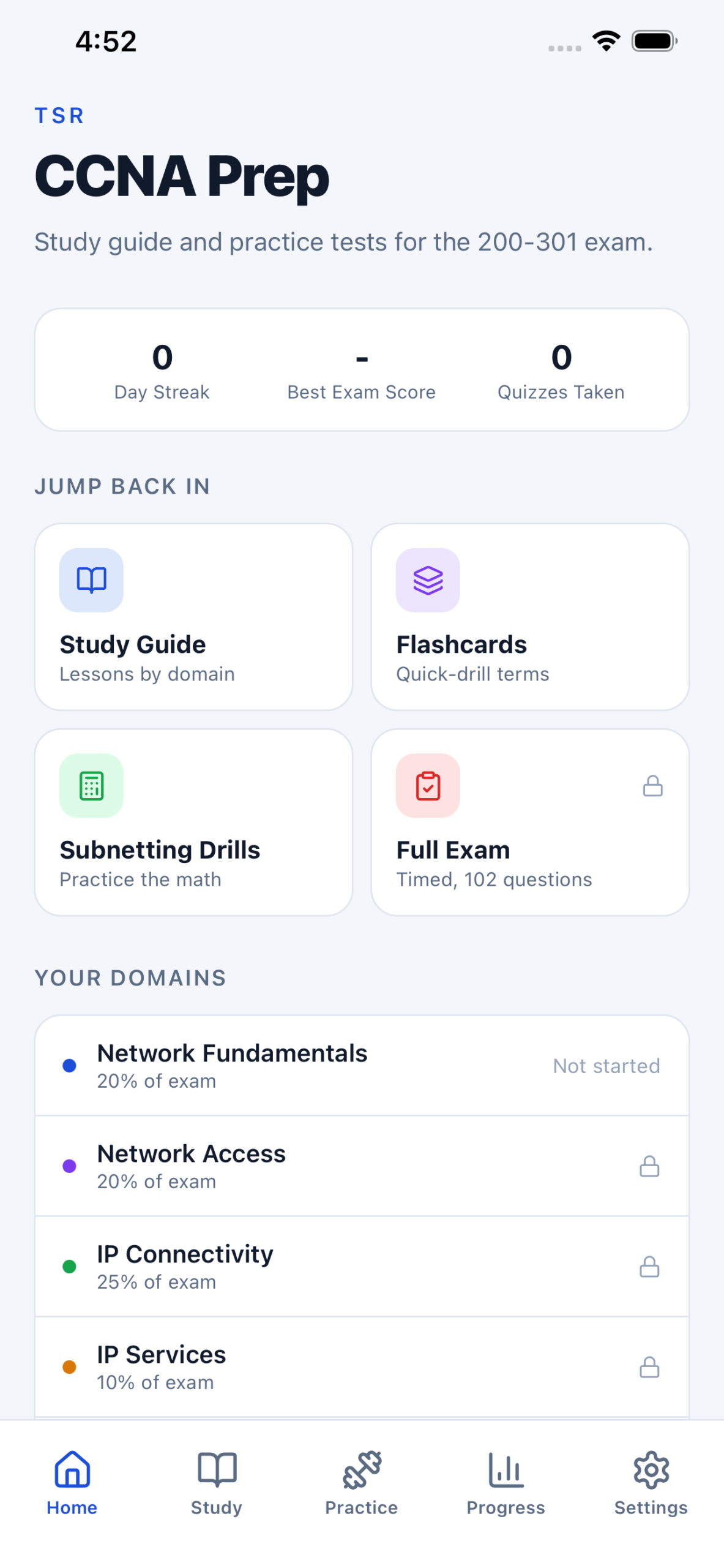 TSR CCNA Prep home screen on iPhone