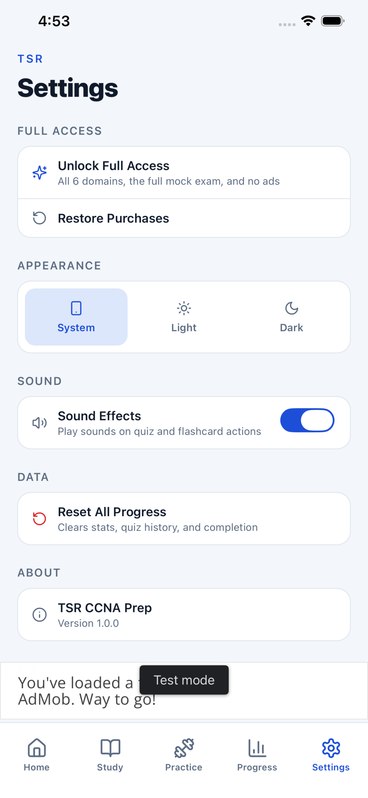 TSR CCNA Prep settings screen on iPhone