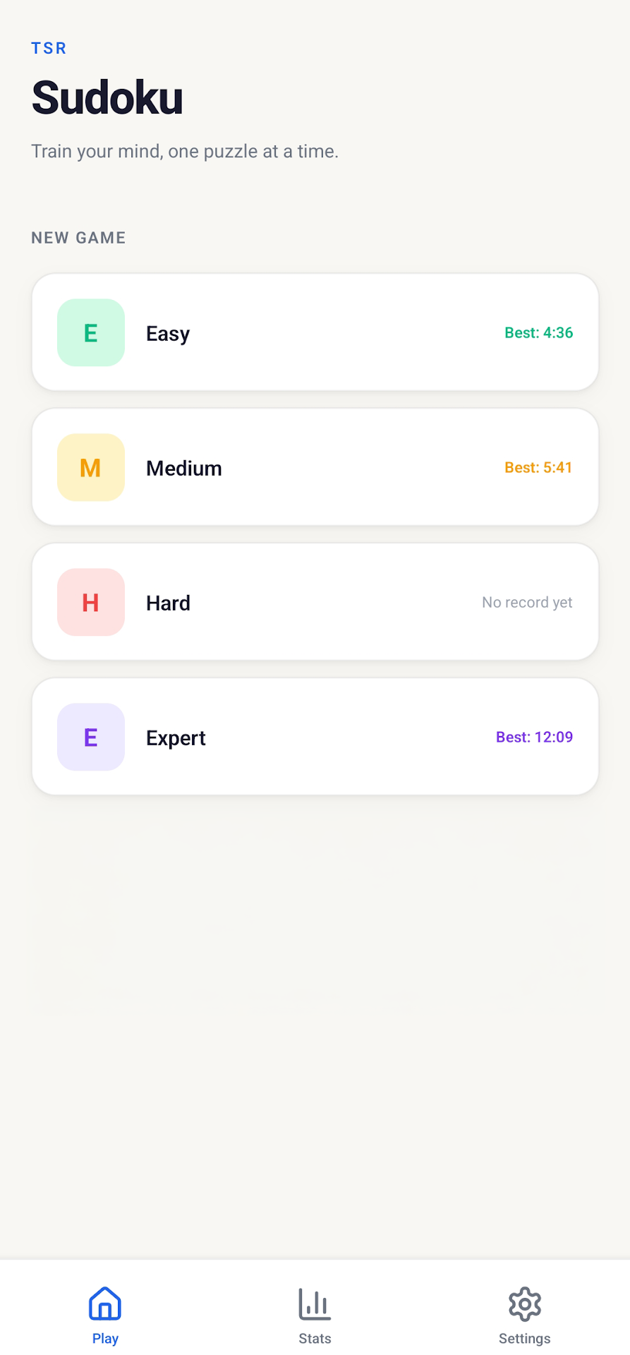 TSR Sudoku home screen