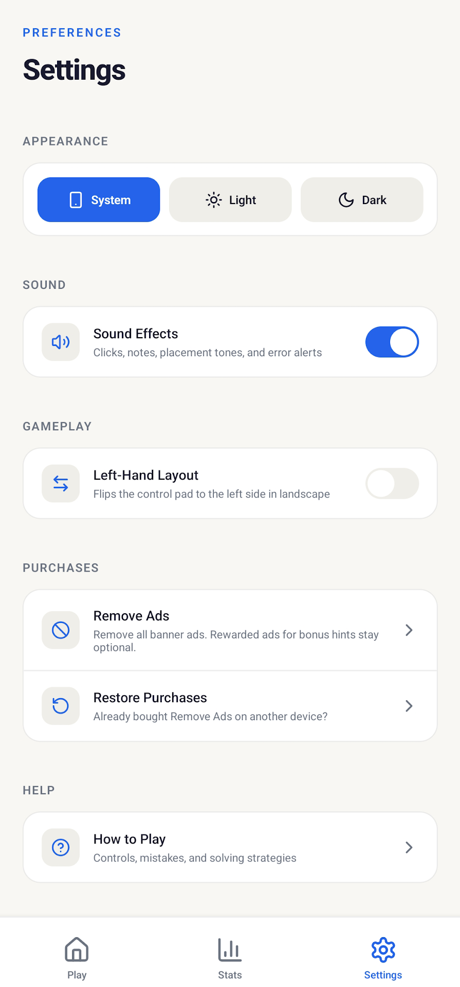 TSR Sudoku settings screen