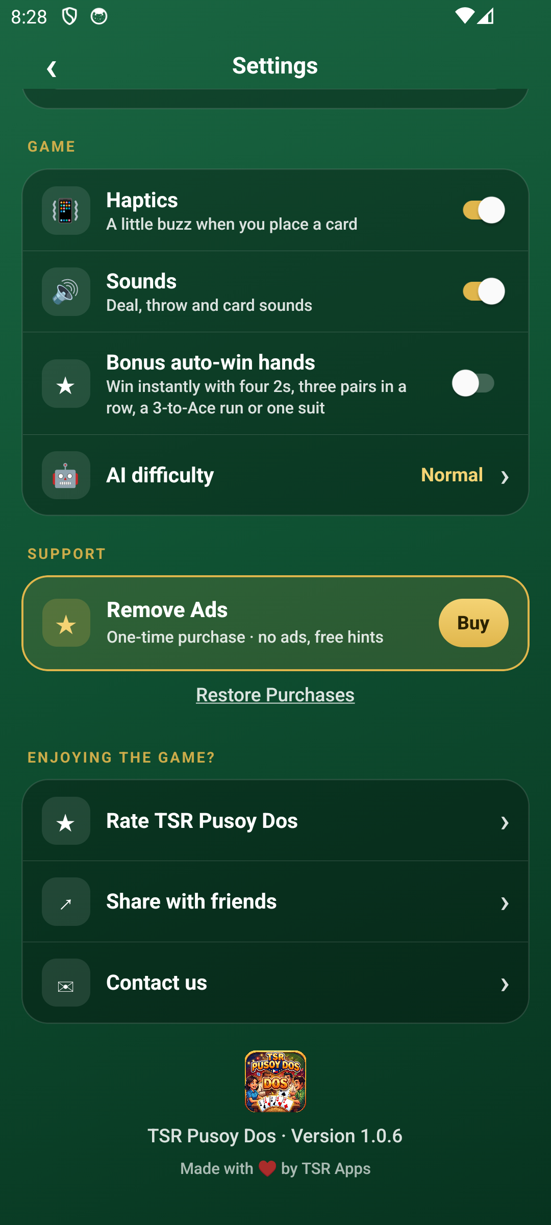 TSR Pusoy Dos home screen