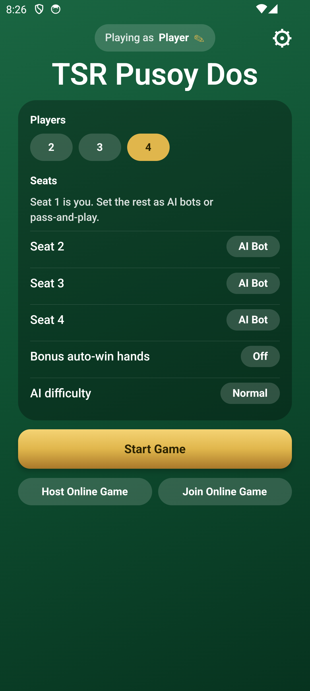 TSR Pusoy Dos settings screen