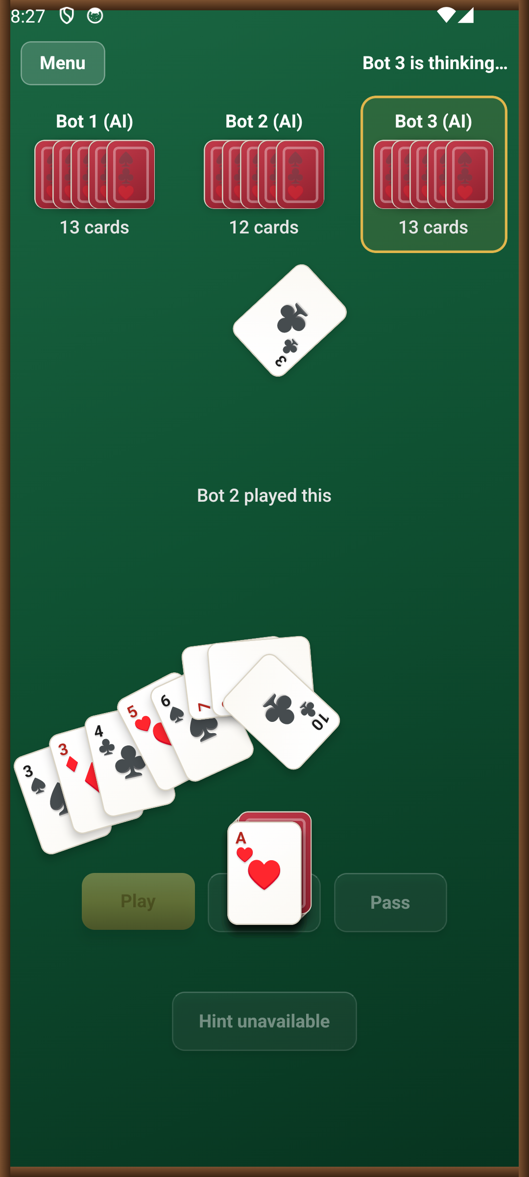 TSR Pusoy Dos gameplay screen